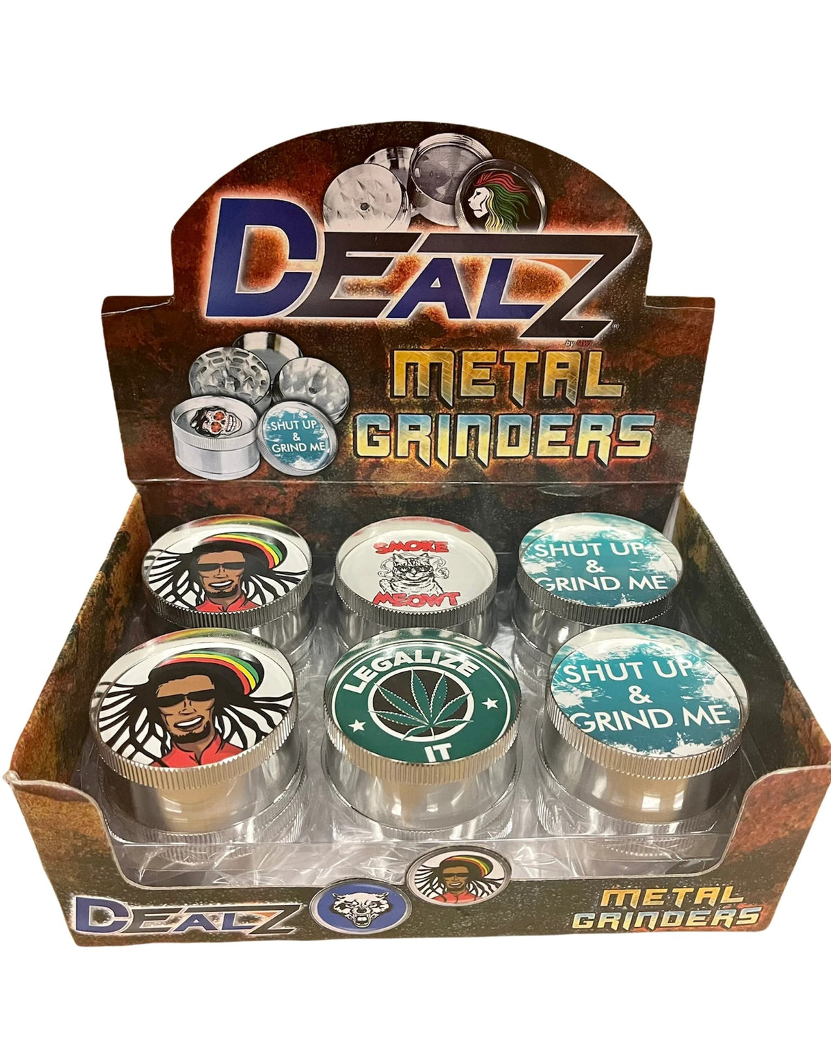 DEALZ METAL GRINDERS 3 PART, SMOKE MEOW, RASTA MAN, LEAF & SHUTUP | PACK OF 12