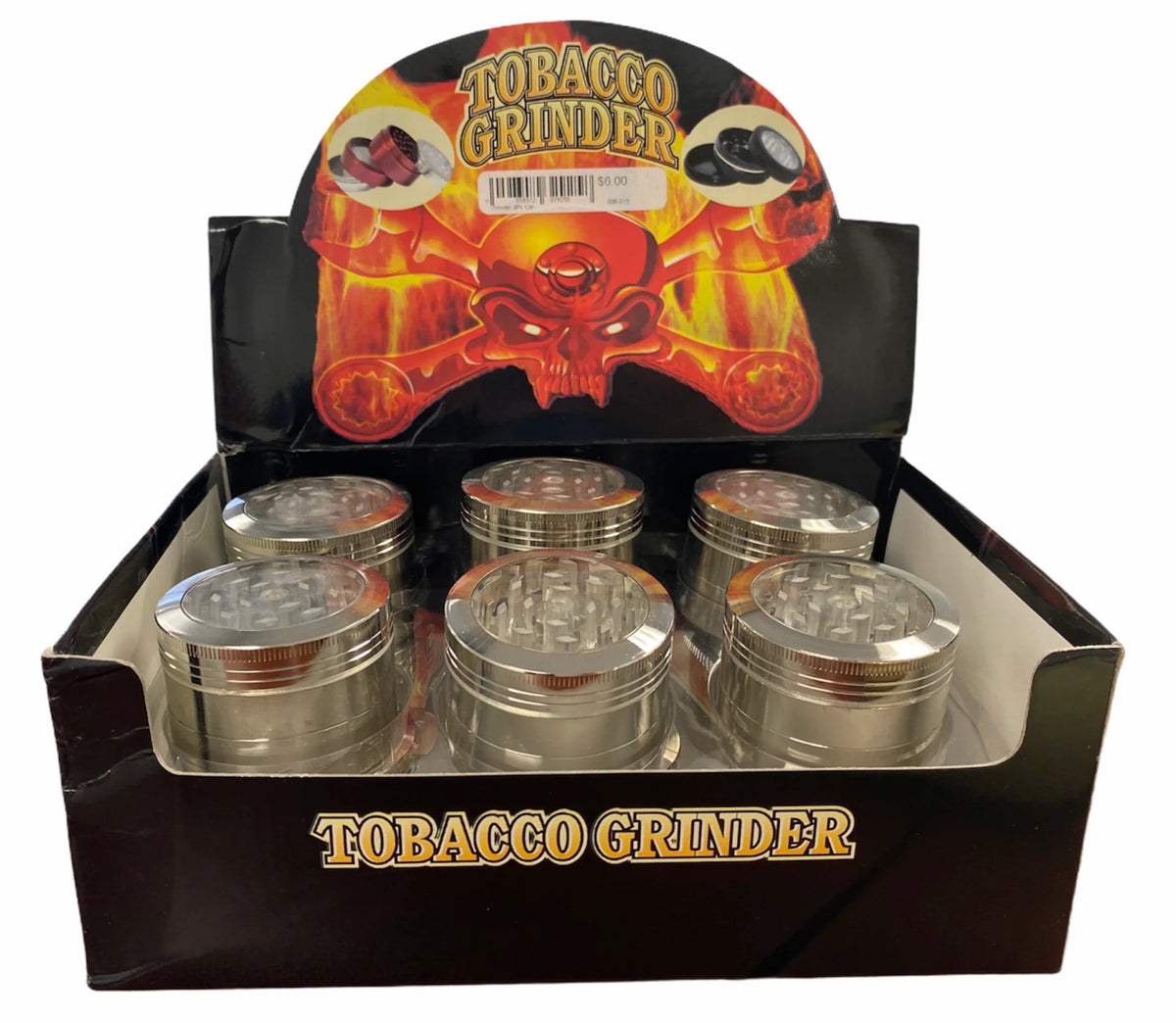 TOBACCO GRINDER 4 PART, GLASS TOP, SILVER BASE, GR22-4 | PACK OF 12